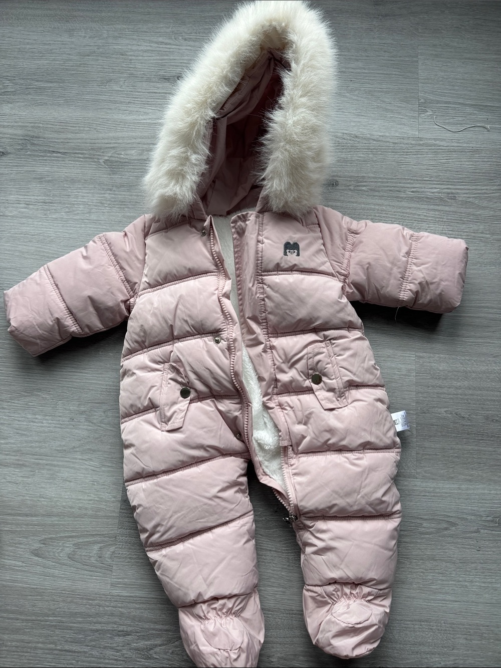 Baby Pink Hooded Snowsuit with Faux Fur Trim
